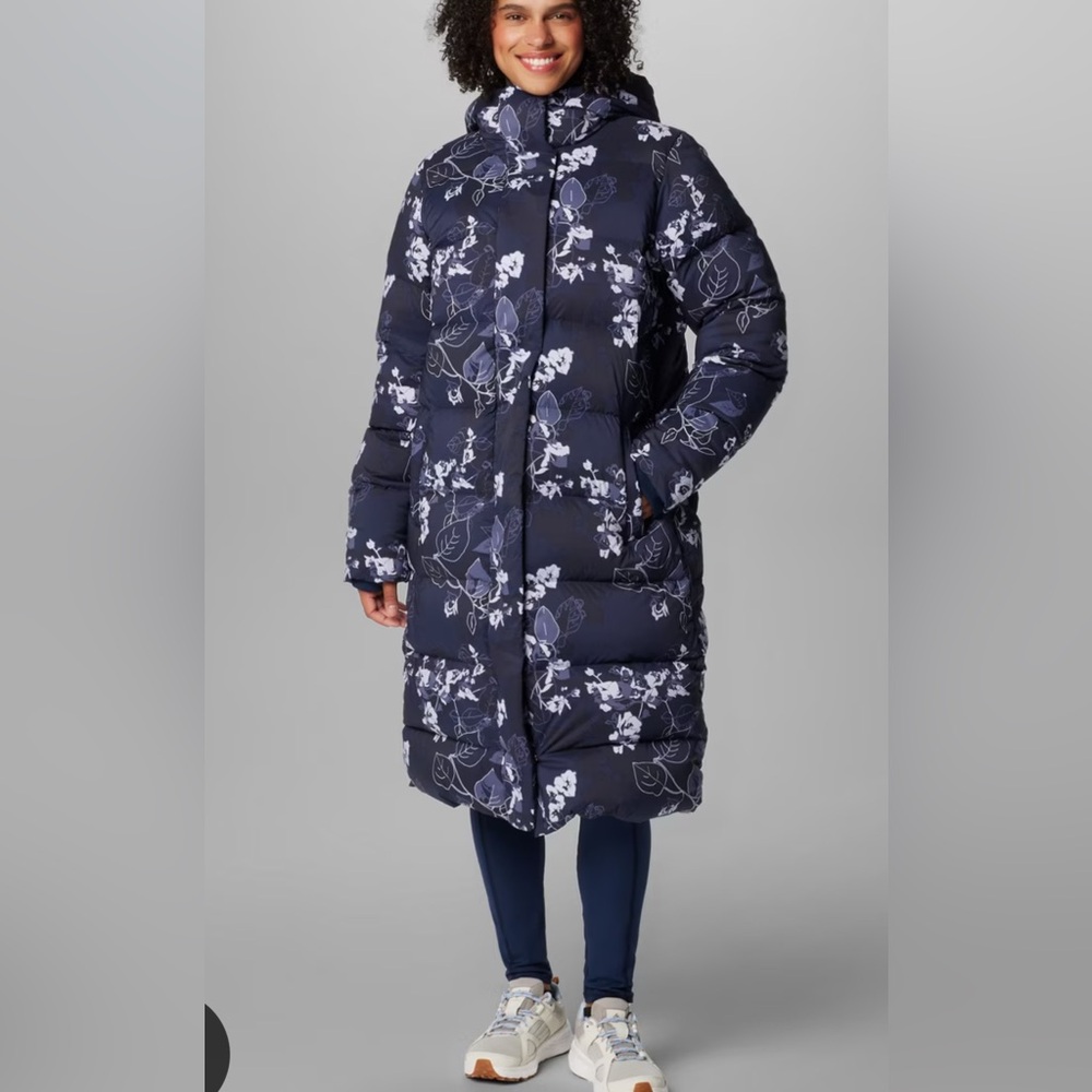 NWT Columbia Boundless Days Long Down Floral Navy Long Parka Coat Women's XS